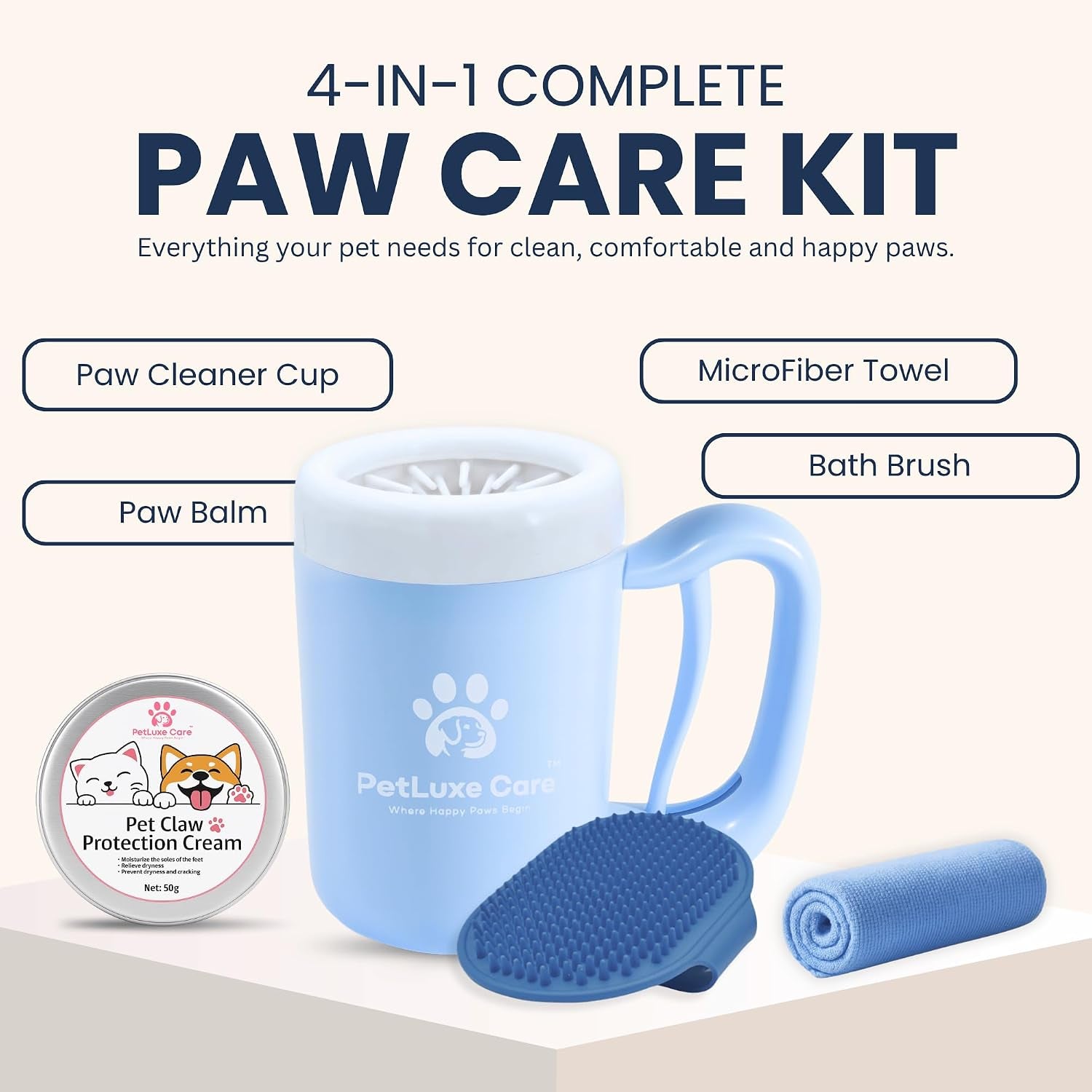 Dog Paw Cleaner - Portable Paw Washer Cup with Soft Silicone Bristles, Complete 4-In-1 Kit Including Paw Balm, Microfiber Towel, and Grooming Brush (Blue, Medium)