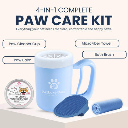 Dog Paw Cleaner - Portable Paw Washer Cup with Soft Silicone Bristles, Complete 4-In-1 Kit Including Paw Balm, Microfiber Towel, and Grooming Brush (Blue, Medium)