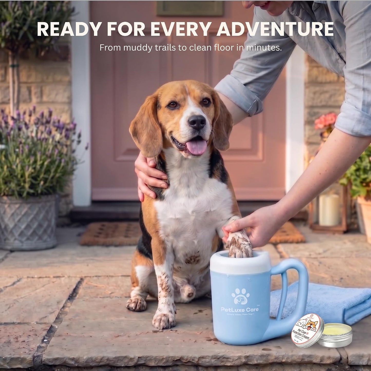 Dog Paw Cleaner - Portable Paw Washer Cup with Soft Silicone Bristles, Complete 4-In-1 Kit Including Paw Balm, Microfiber Towel, and Grooming Brush (Blue, Medium)