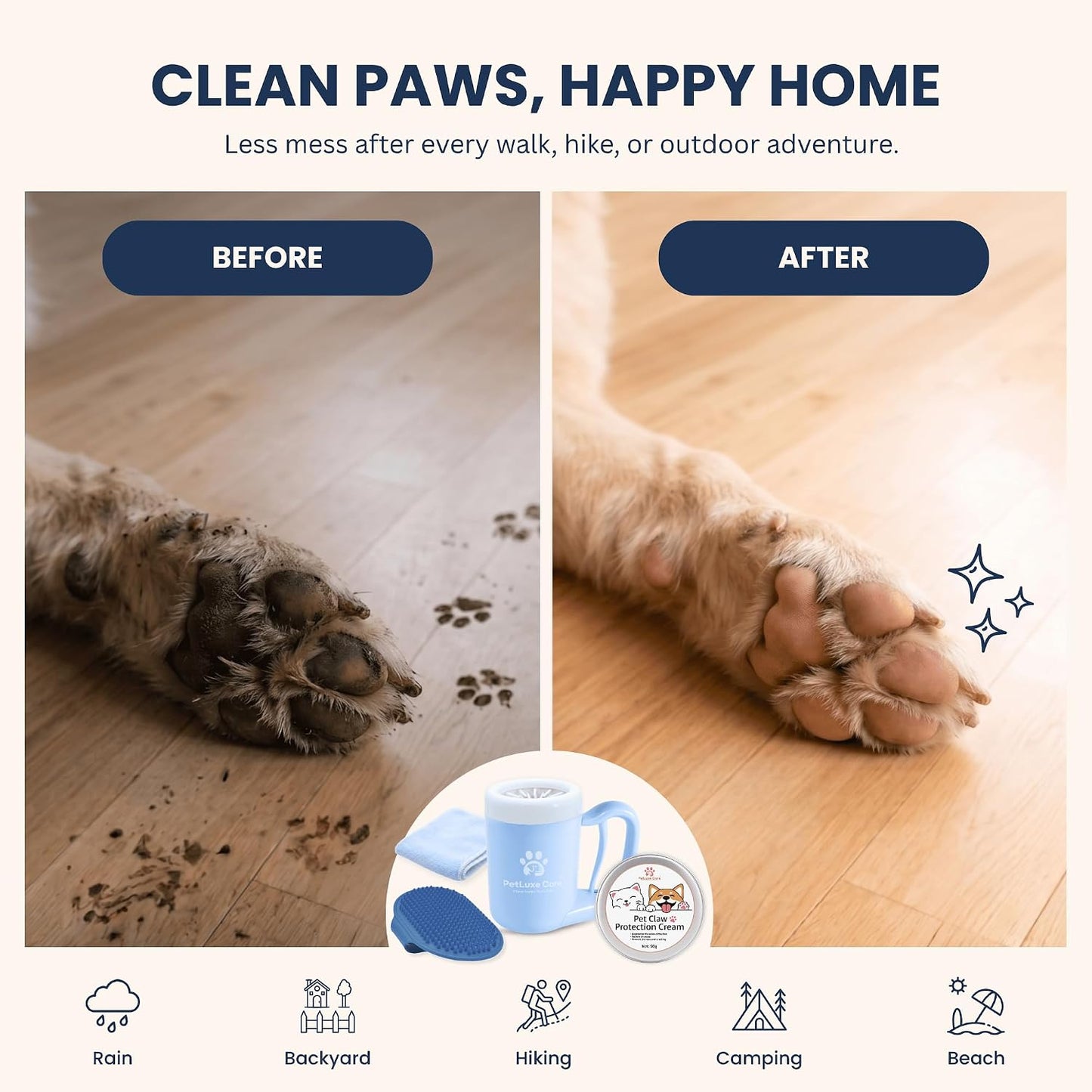 Dog Paw Cleaner - Portable Paw Washer Cup with Soft Silicone Bristles, Complete 4-In-1 Kit Including Paw Balm, Microfiber Towel, and Grooming Brush (Blue, Medium)