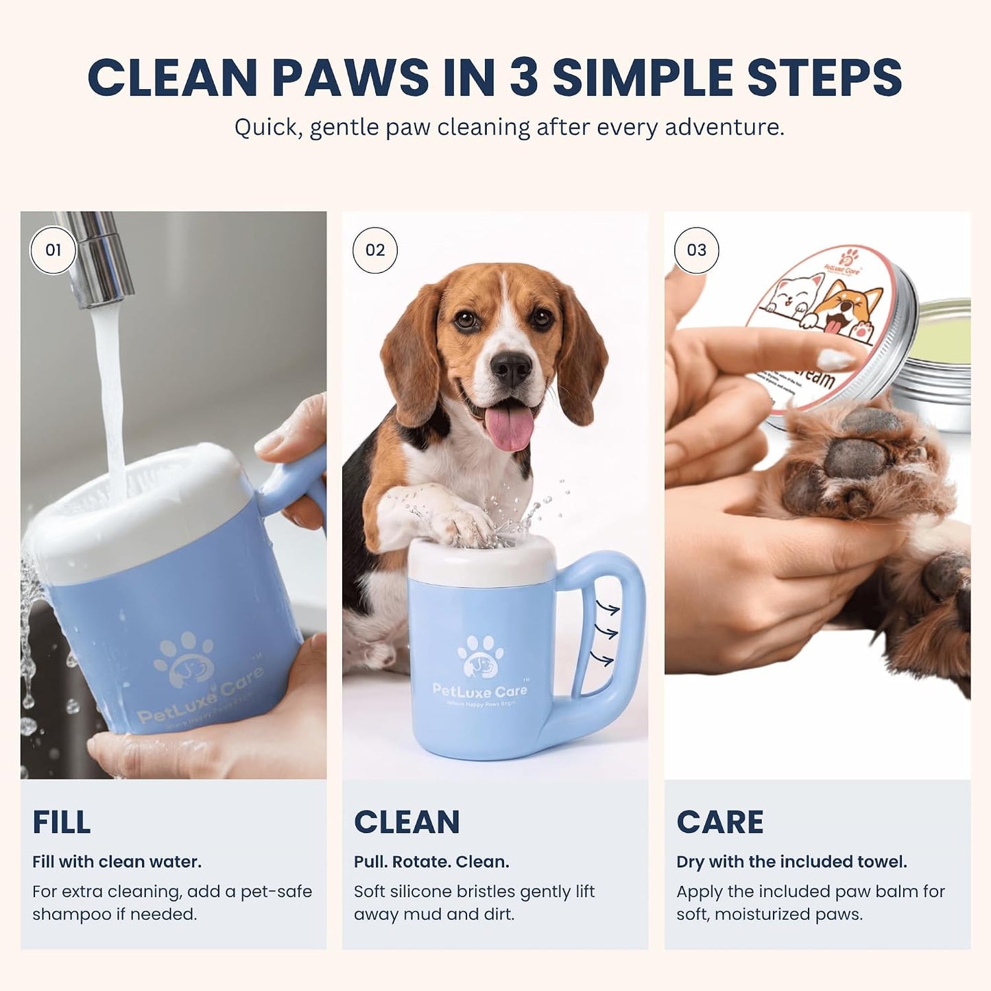 Dog Paw Cleaner - Portable Paw Washer Cup with Soft Silicone Bristles, Complete 4-In-1 Kit Including Paw Balm, Microfiber Towel, and Grooming Brush (Blue, Medium)