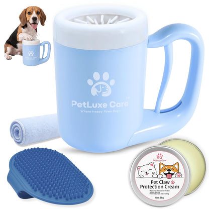 Dog Paw Cleaner - Portable Paw Washer Cup with Soft Silicone Bristles, Complete 4-In-1 Kit Including Paw Balm, Microfiber Towel, and Grooming Brush (Blue, Medium)