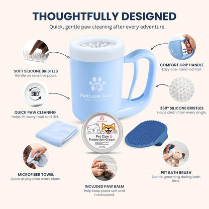 Dog Paw Cleaner - Portable Paw Washer Cup with Soft Silicone Bristles, Complete 4-In-1 Kit Including Paw Balm, Microfiber Towel, and Grooming Brush (Blue, Medium)